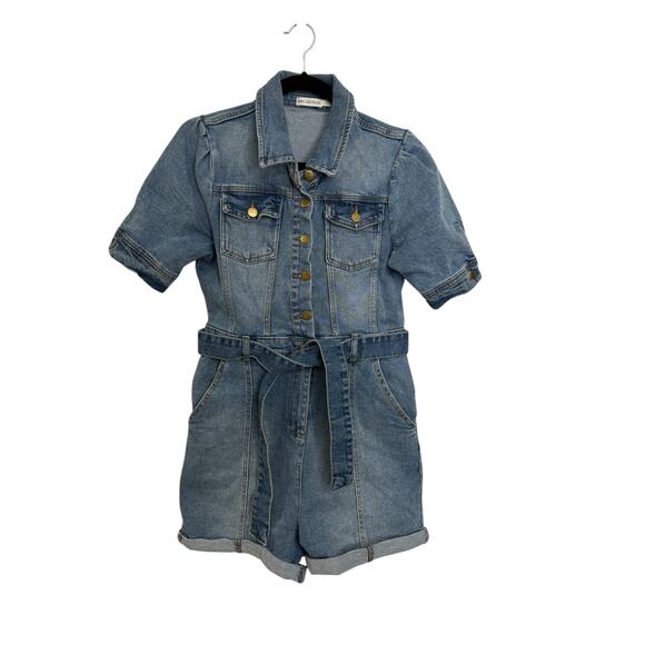 Avec Les Filles Denim Romper Womens Small Blue Short Sleeve Belted Button Front - Picture 1 of 5